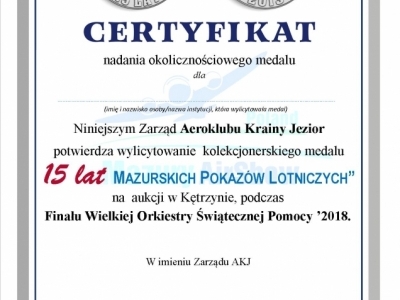 Certyfikat do medalu 15 lat